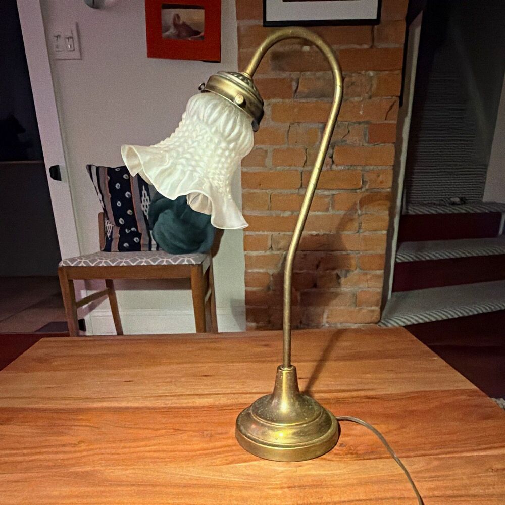 Vintage Brass Tone Gooseneck Desk Lamp Frosted Lily Pad Glass Shade Corded